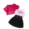 Girls Fashion Suit Pink Grid Short Sleeve Top + White Vest + Black Pleated Skirt