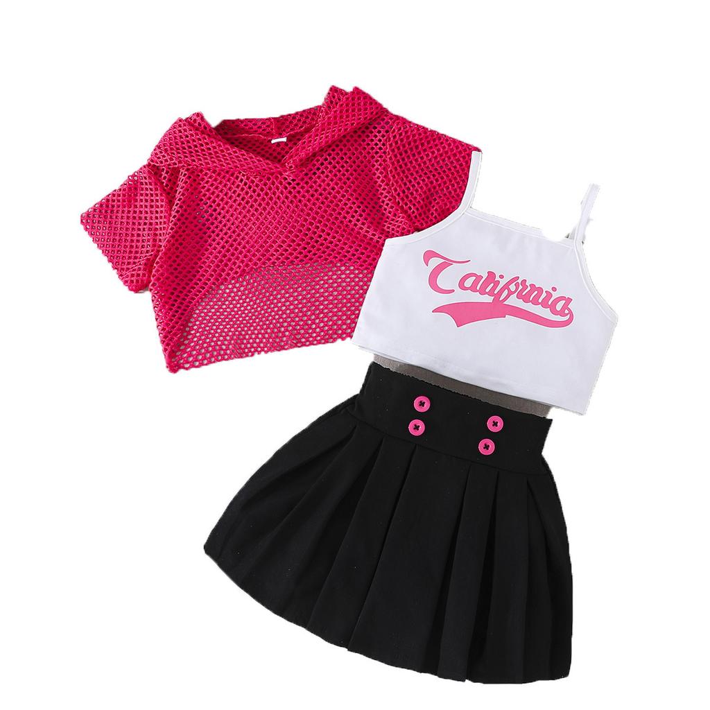 Girls Fashion Suit Pink Grid Short Sleeve Top + White Vest + Black Pleated Skirt