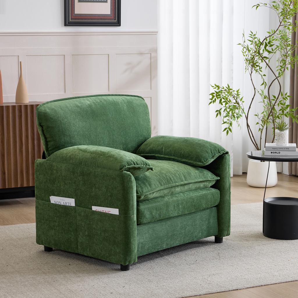 Green Retro Single Sofa with Simple Shape and Double Storage Pocket on the Side, for Small Living Rooms, Balconies, Studies, Bedrooms and Other Rooms