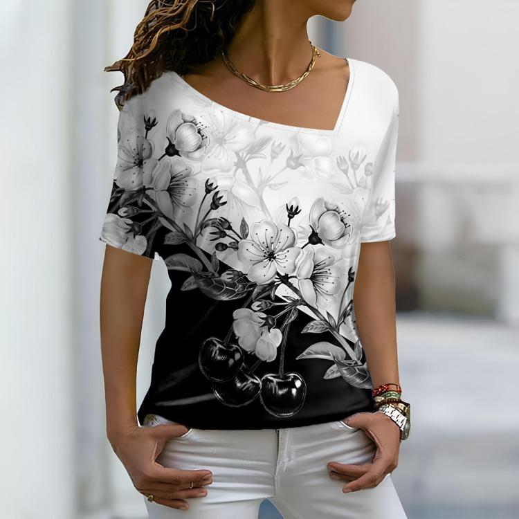 Streetwear Damskie Luźne Codzienne Koszulki V-neck z Kwiatowym Wzorem Krótki Rękaw