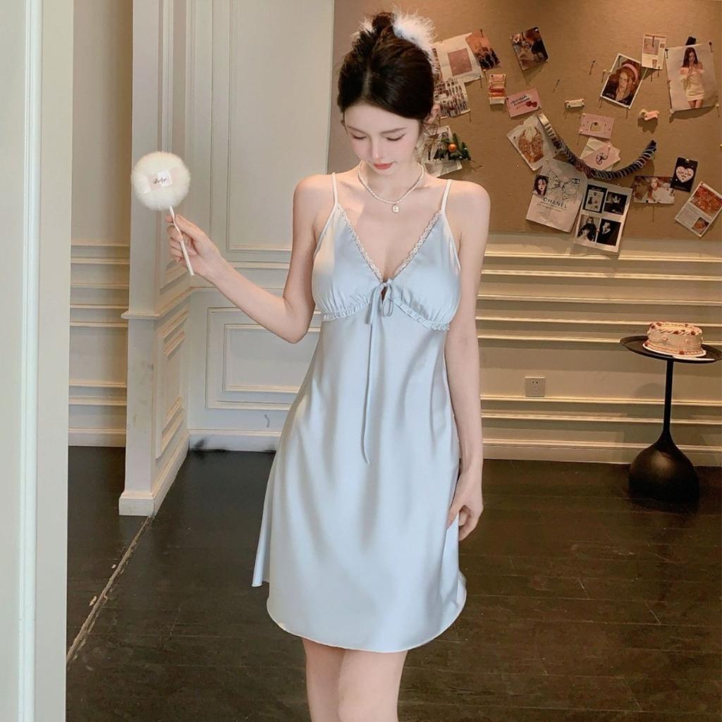Suspender nightdress women's summer with chest pad ice silk sexy women's loungewear high-end simulation silk pajamas skirt women