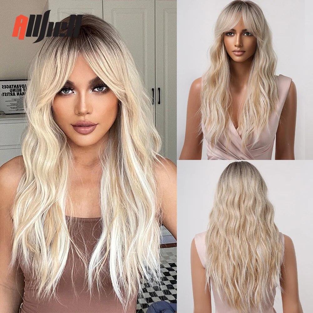 

Длинные волнистые платиновые синтетические парики для женщин, афро-черный или светлый, повседневные парики из натуральных волос с челкой, термостойкий парик для косплея