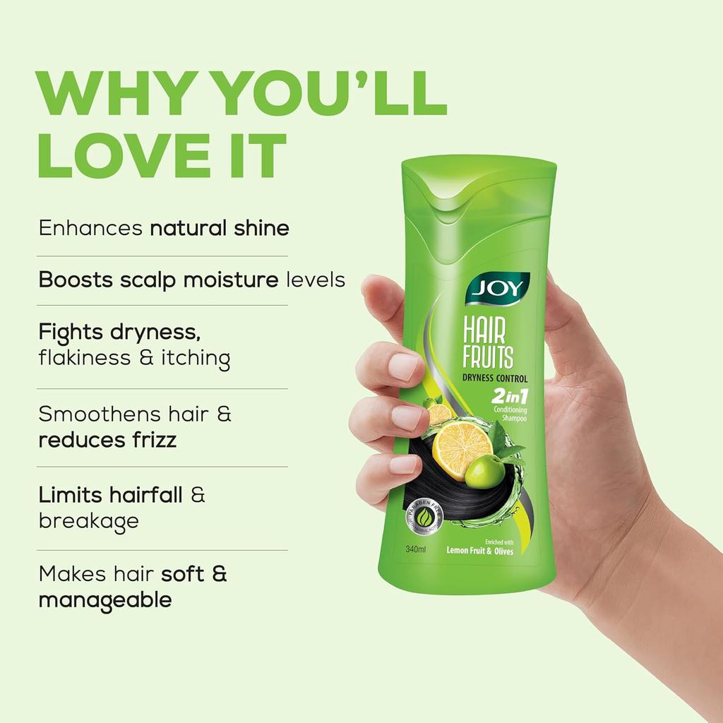 Joy Hair Fruits Hair Dryness Control Lemon & Olive Conditioning Shampoo Lemon & Olives  340 ml, Moisturizing Hair Care