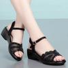 Wedge Heel Sandals Women's 2025 Summer New Mid-heel Wedge Heel Flat Bottom One-word Buckle Belt Open-toed Thick Heel Mesh Women's Shoes