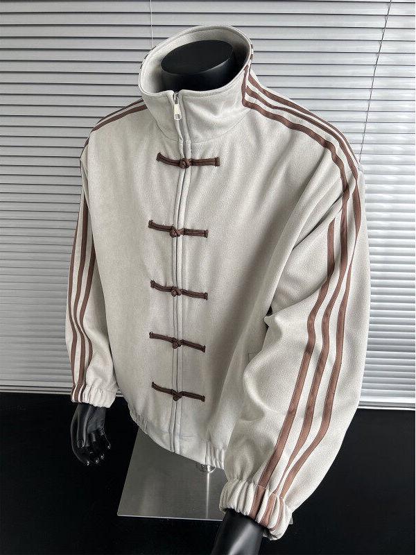 Men's Autumn Blue & White Patchwork Three-Stripe Stand Collar Jacket with Frog Buttons - New High-End Chinese Tang Suit Style.