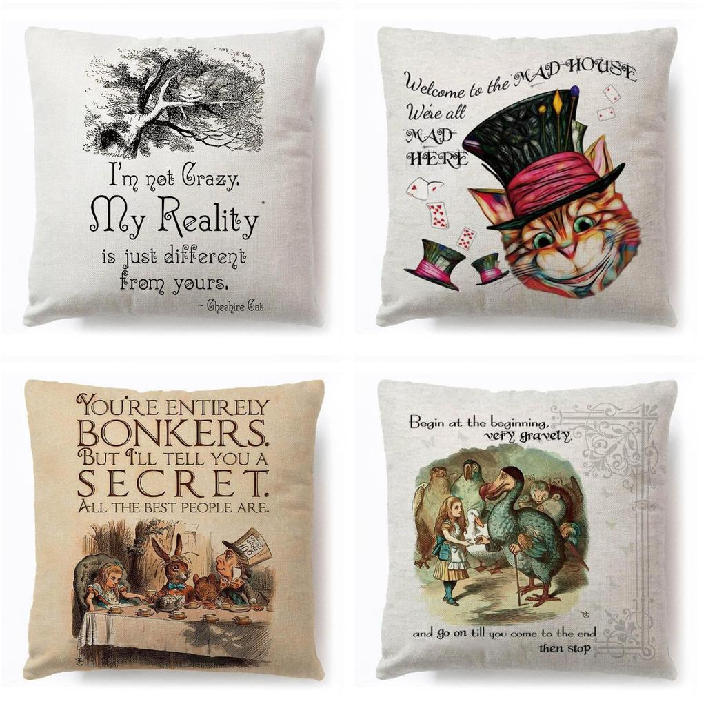 Alice In Wonderland Cartoon Pillow Case Cotton Linen Square Cushion Cover**