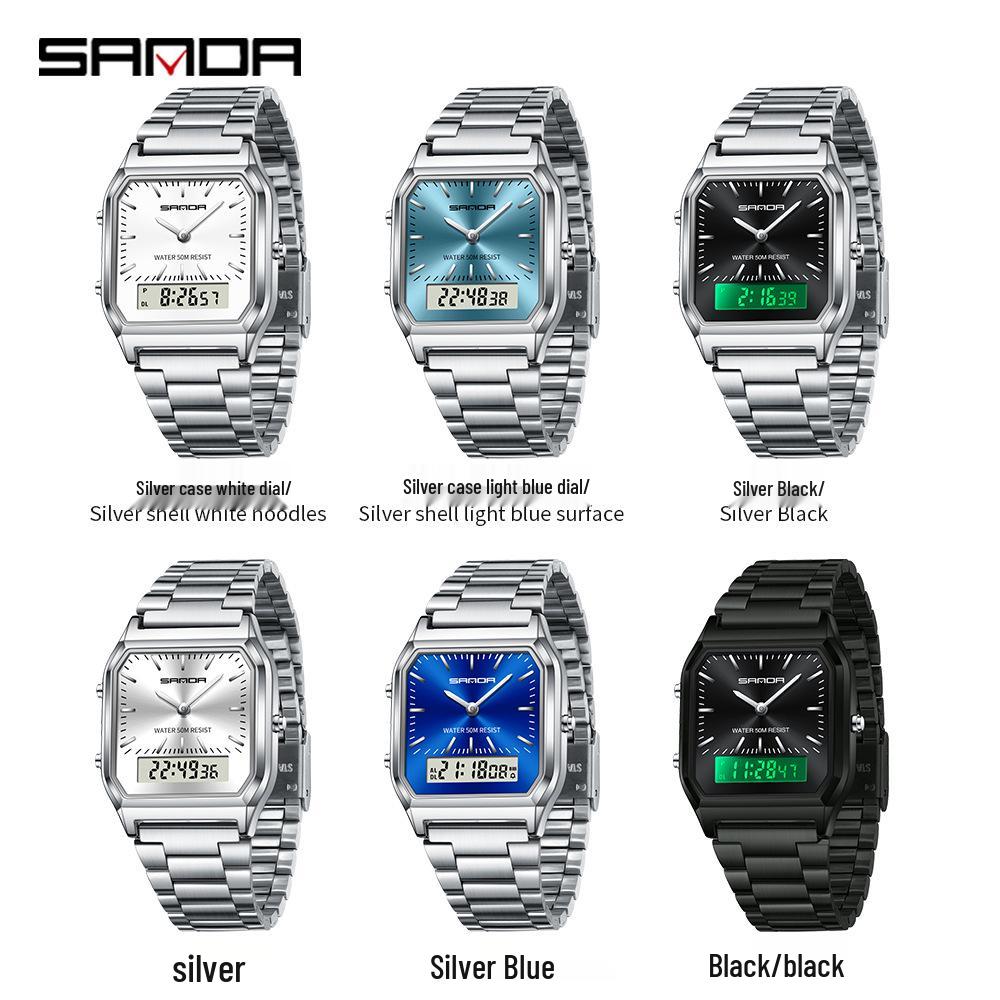 Sanda Retro Business Men's Electronic Watch with Steel Band - Trendy, Thin, and Fashionable.