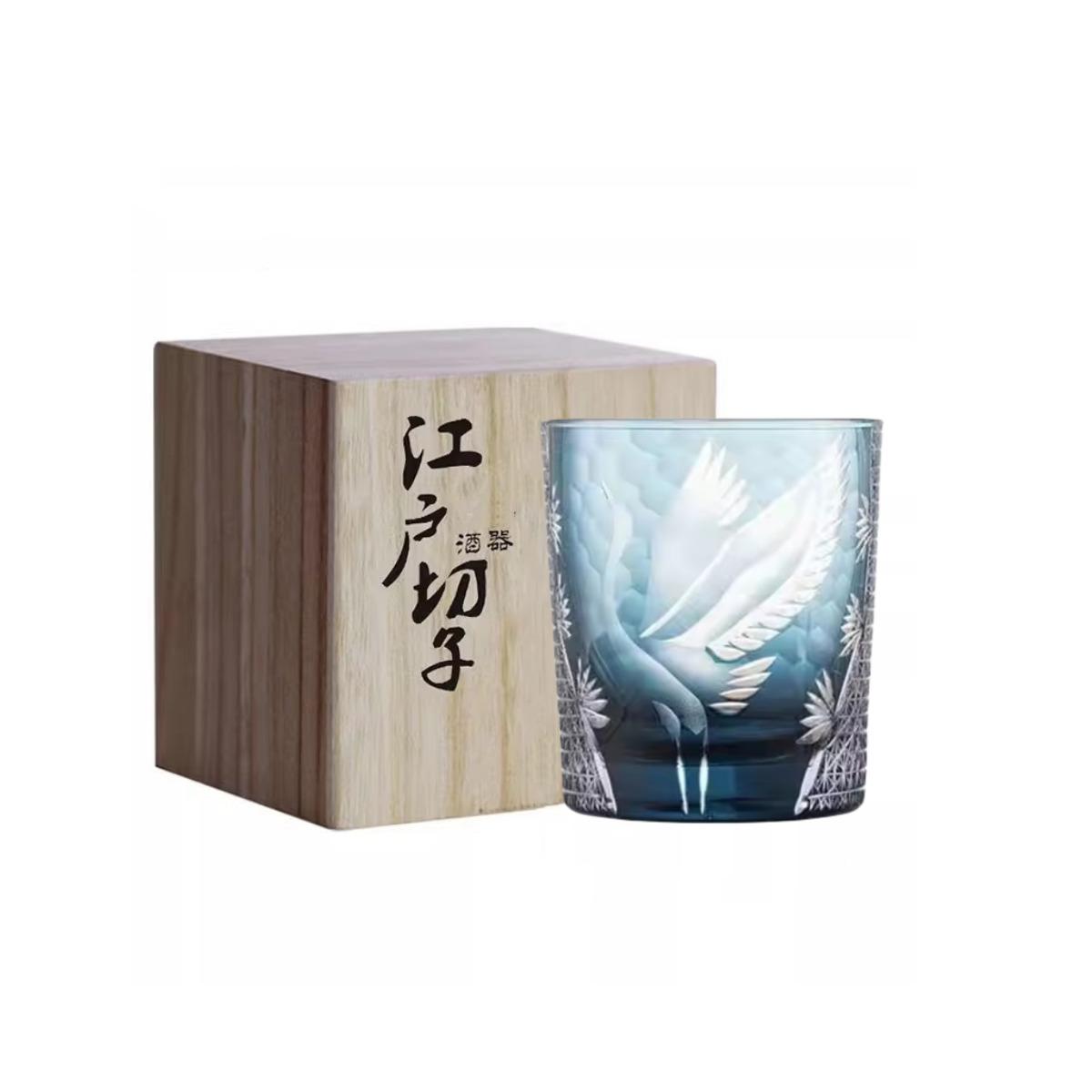 

New Japanese Edo Kiriko Pine Crane Whiskey Glass Manual Carving Old Fashioned Whisky Tumbler Work Of Art Wine Cup Brandy Snifter 260ml