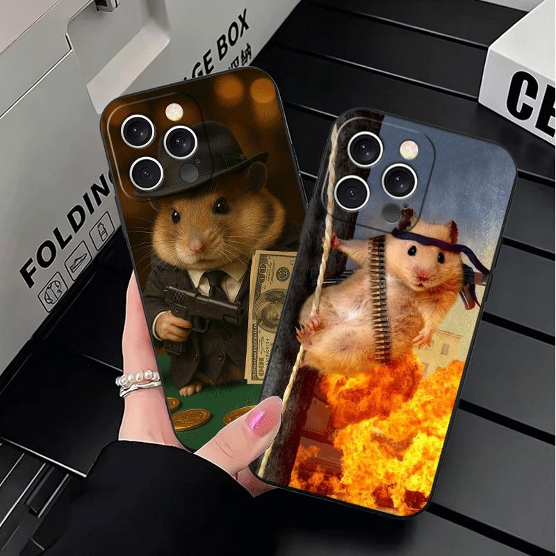 Funny Cute Pet Hamster Soft Phone Case for iPhone 16 16E 17 Air 15 Pro Max 14 Plus 13 Mini 11 12 7 Black Cover Back Shell