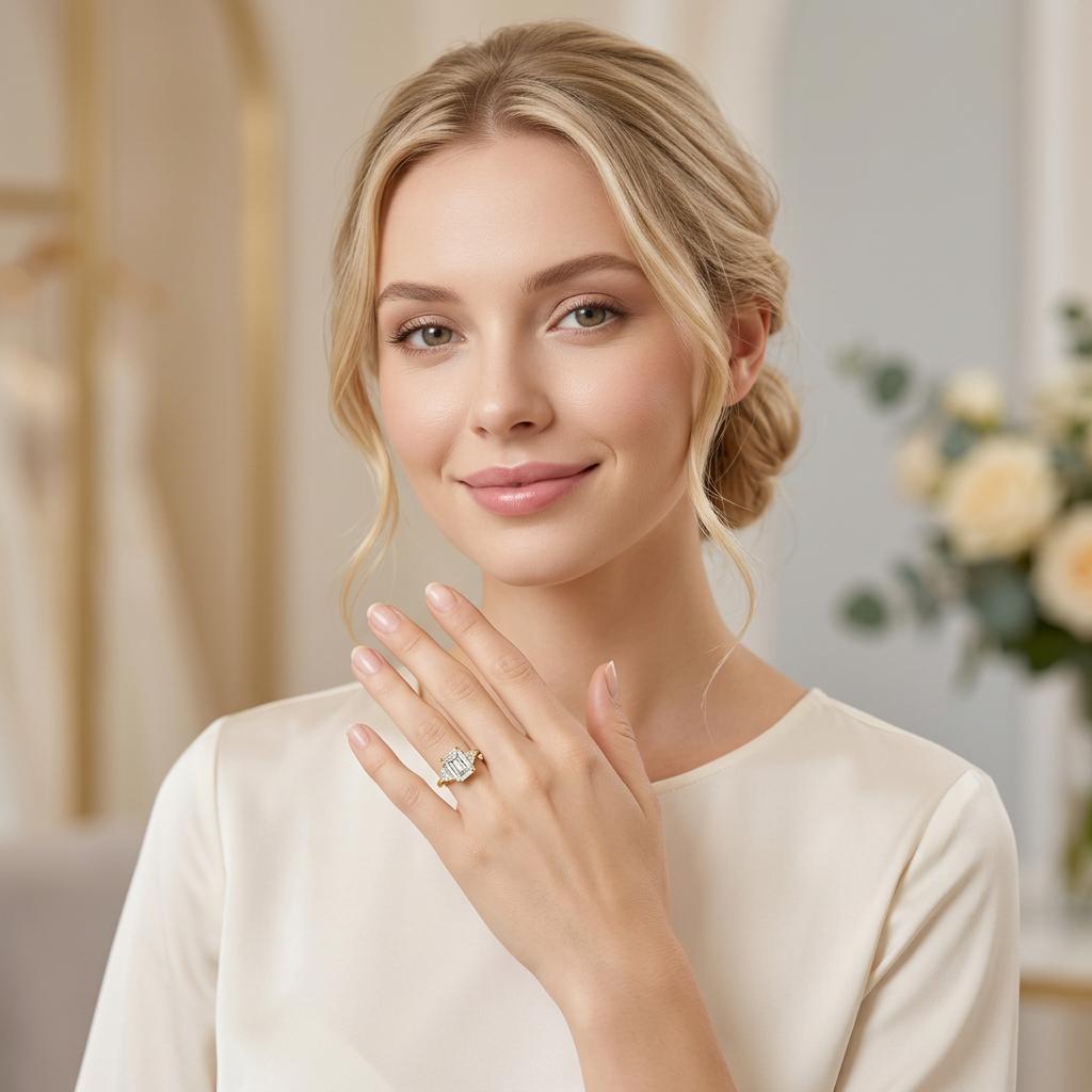 18K Gold Plated S925 Silver Emerald Cut Three Stone Moissanite Ring Triangle Side Stone Band Engagement Wedding Ring for Women