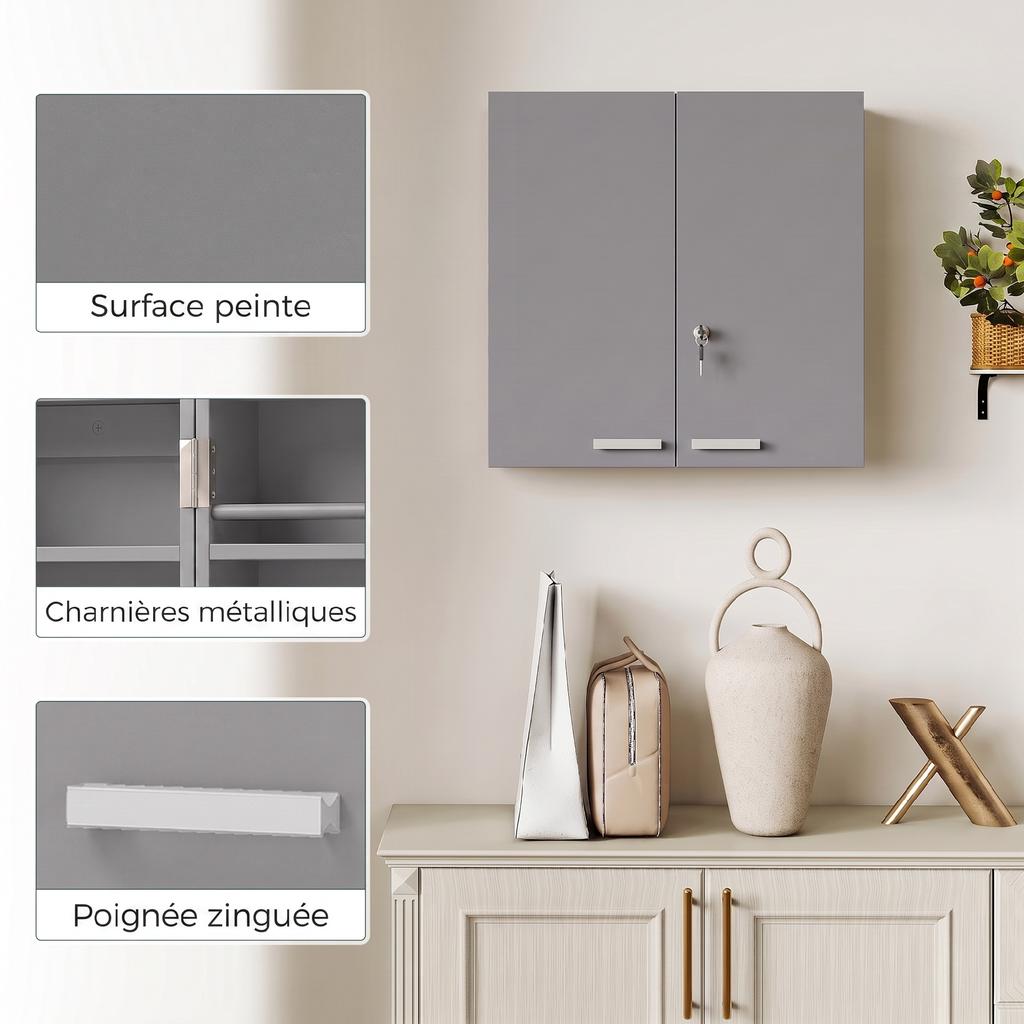 Wall-Mounted Medicine Cabinet, Double Lockable Doors, 2 Keys, 53 x 20 x 53 cm, Grey