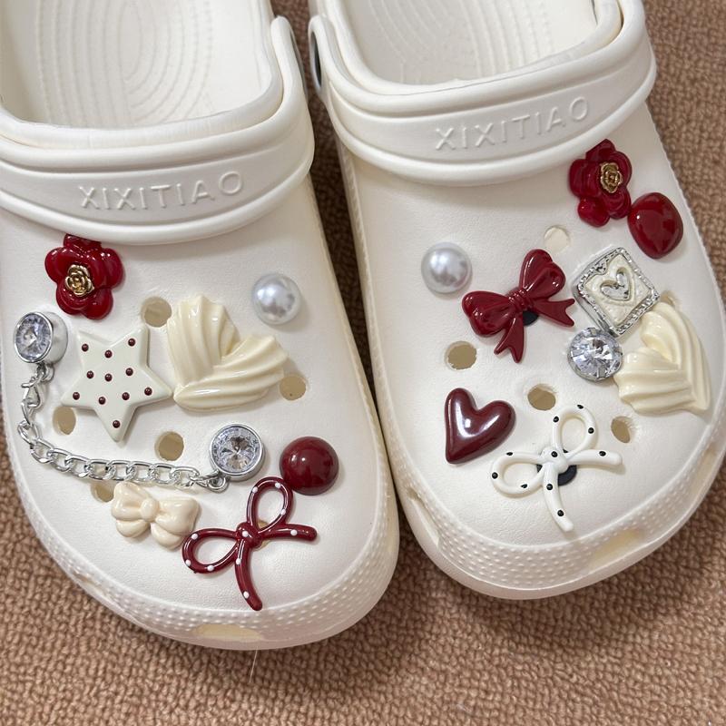 Sweet Pink Bow Pearl Flower Shoe Charms Delicate Removable DIY Shoe Ornaments for Women Clog Sandals Detachable Accessories 1Set