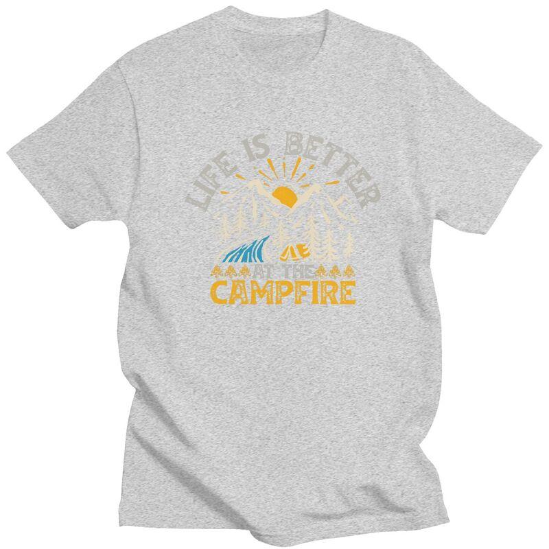 Custom Life Is Better Campfire Mountain Camping T Shirt for Men Pure Cotton Tshirt Fashion Tees Tshirt Loose Fit Clothing Gift