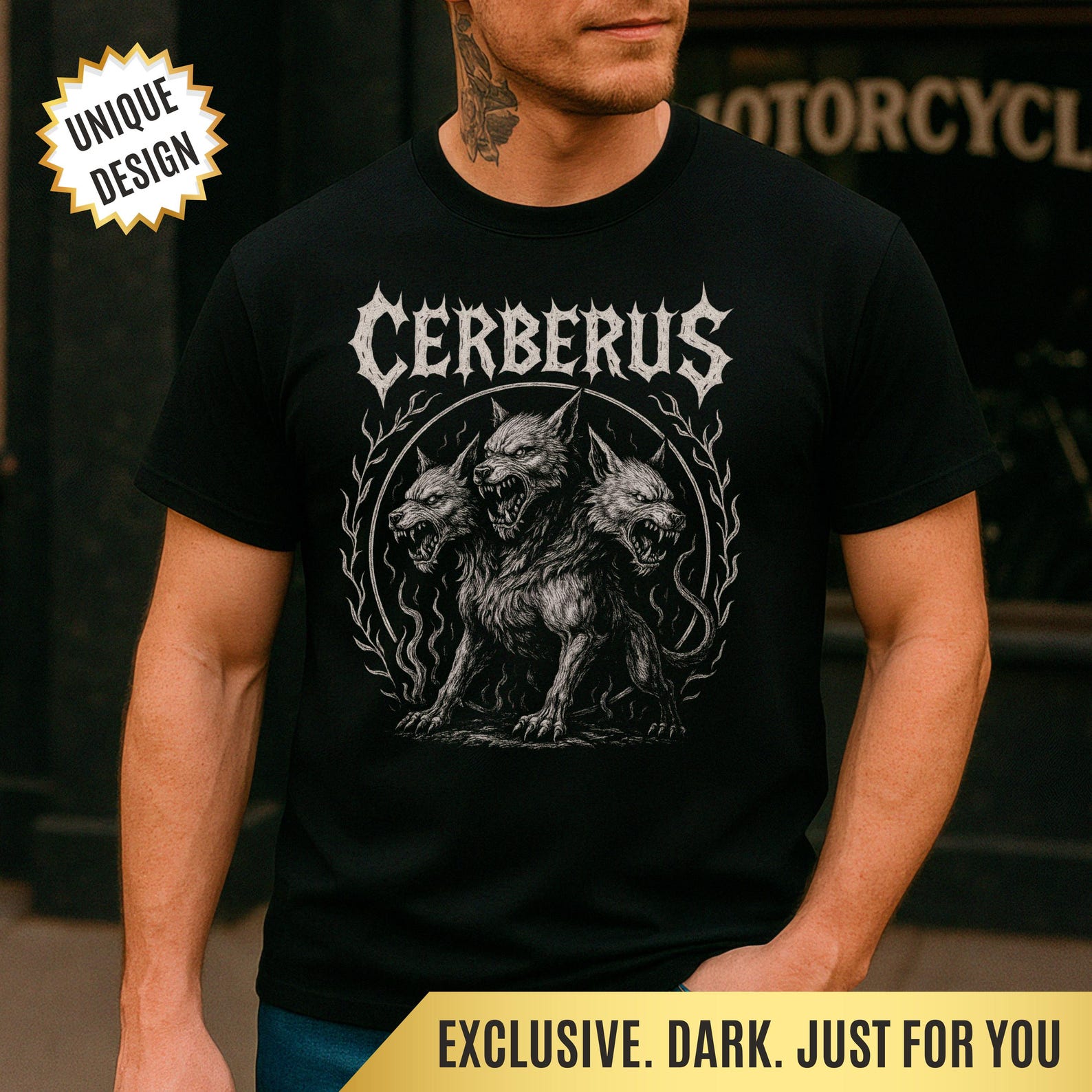 Cerberus T-Shirt Metalhead Apparel Three-Headed Hellhound Shirt Greek Mythology Gothic Tee Heavy Metal Gift Hades Guardian Shirt Unisex S