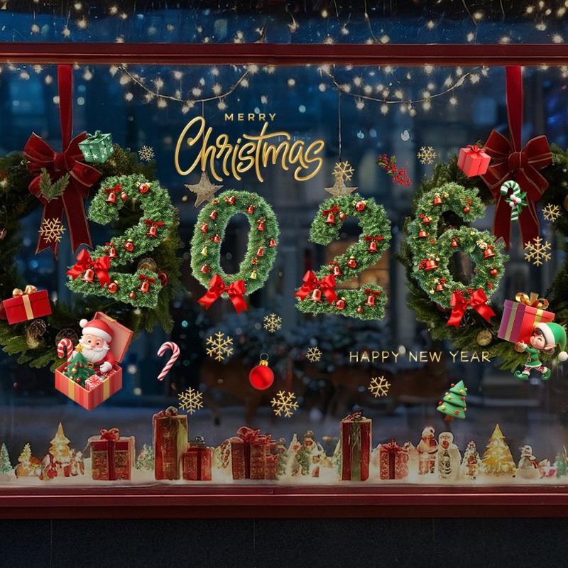 Christmas Decorations 2026 Green Pine Needle Bell Window Decal Indoor Outdoor Glass Doors Windows Electrostatic Stickers