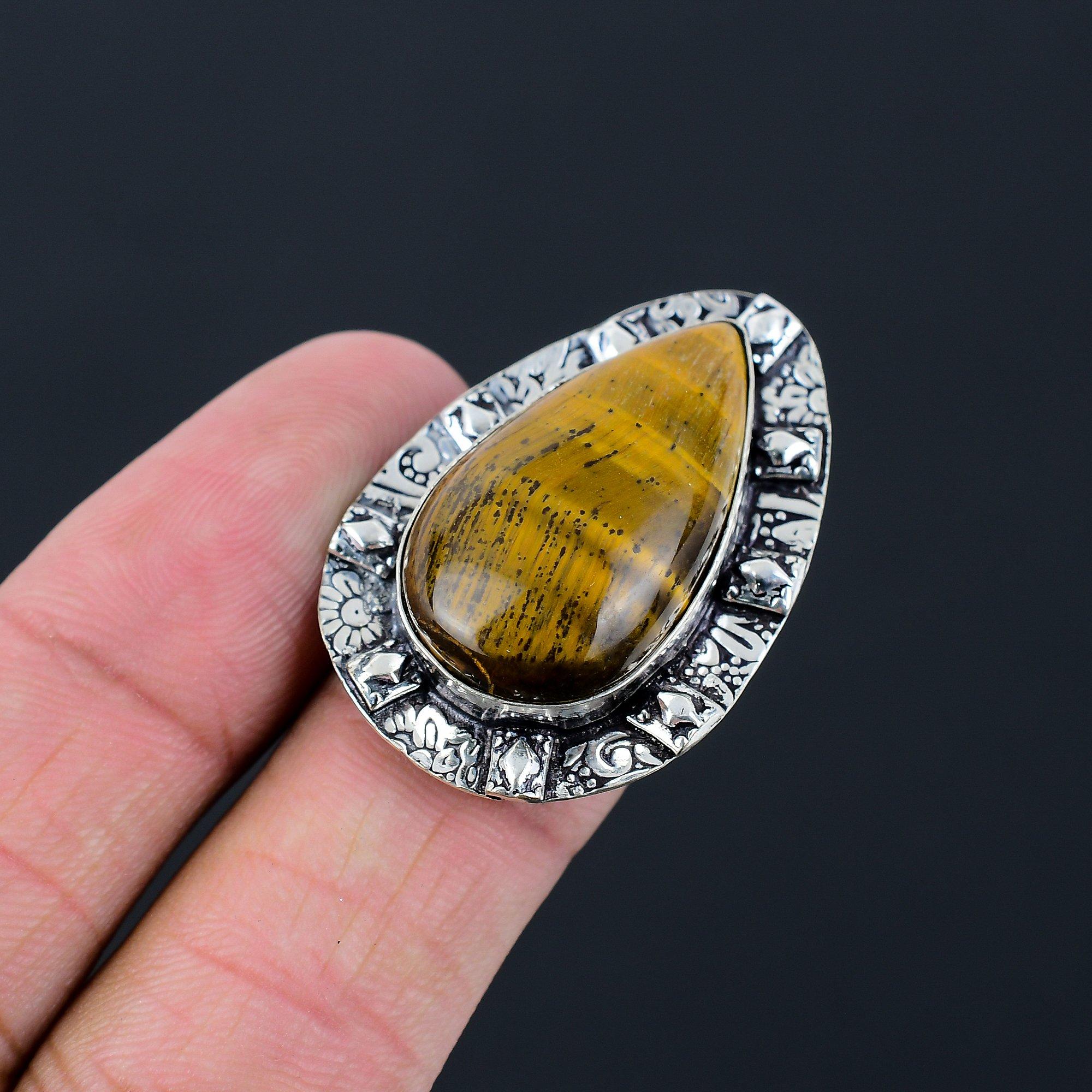 Gift For Women Promise Ring Size 7.5 925 Silver Natural Iron Tiger Eye Gemstone 7.5