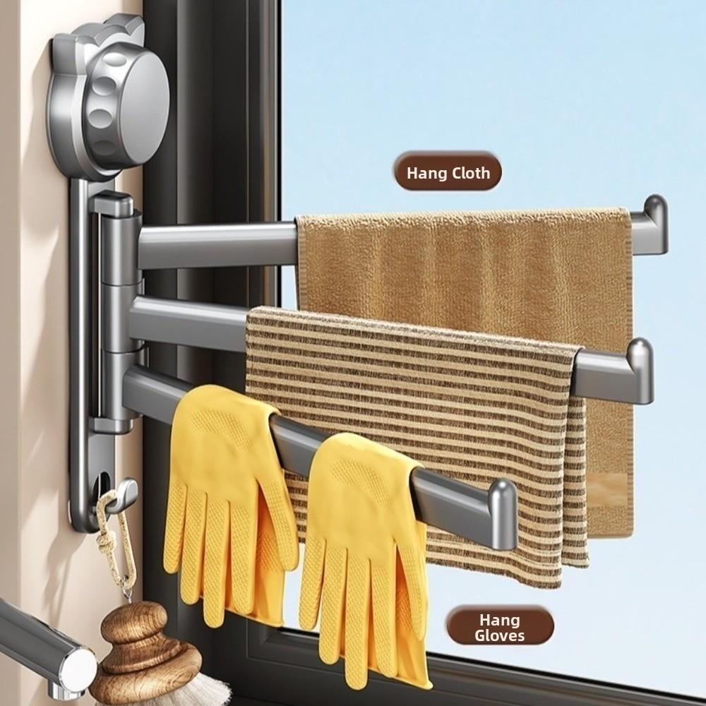 Suction Cup Rotating Towel Rack 180° Rotatable Multi-Rod Dishcloth Draining Rack No Drill Wall Mount Towel Storage Hanger