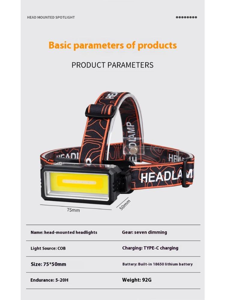 Pracovní čelovka COB LED Vysoce výkonný senzorový světlomet Typ-C Dobíjecí baterka Vodotěsná Camping Rybaření Vyhledávací lucerna