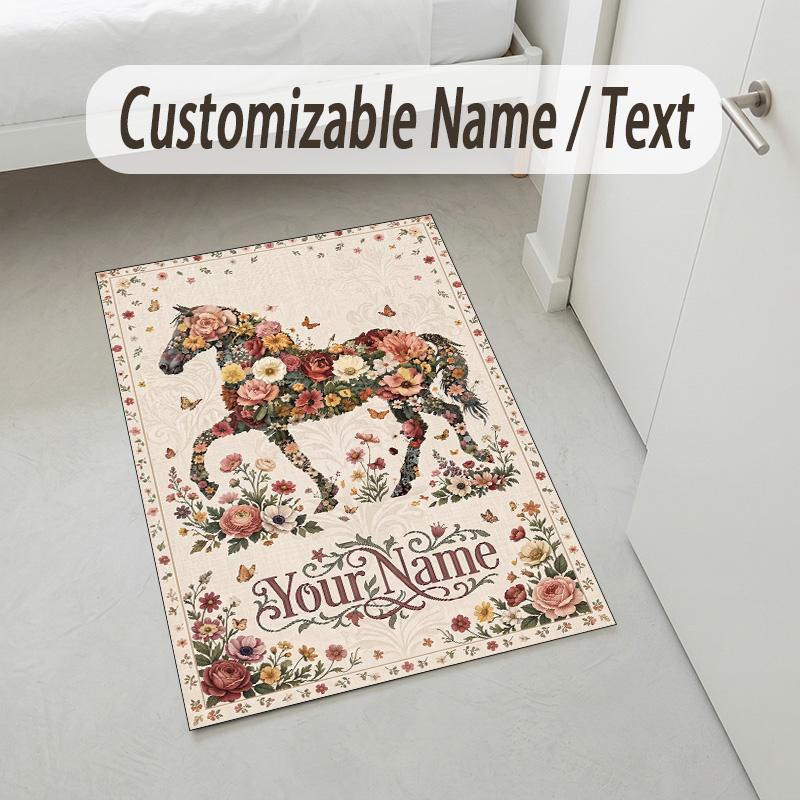 Floral Horse Theme Soft Crystal Velvet Rug Custom Name & Text Print Non Slip Floor Rug for Bedroom Living Room