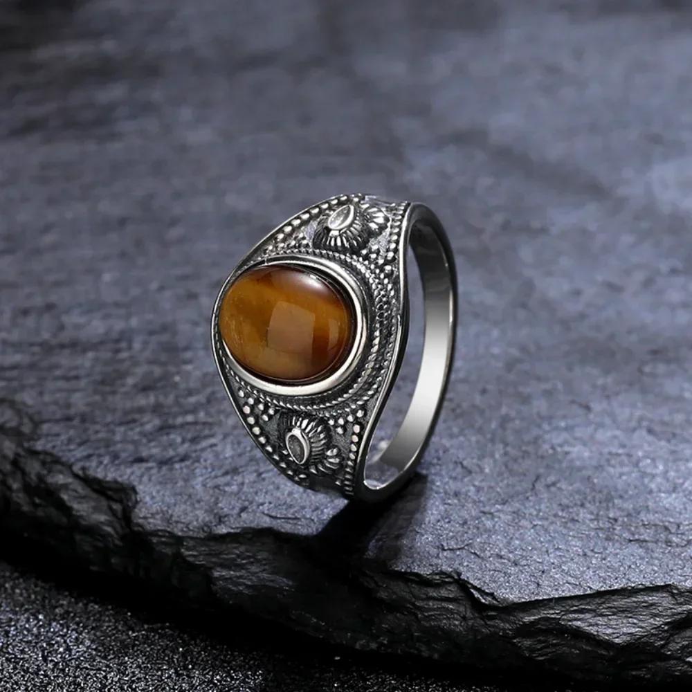 Sterling Silver 925 Vintage Rings Oval 8X10mm Rings Black Onyx Natural Fine Jewelry For Men Women Rhodochrosite Rings