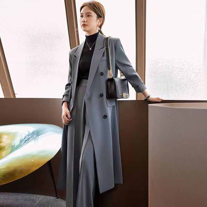 Koreansk Stil Chic Kontorsdam Långa Kavajer Elegant Dubbelknäppt Kavajjacka Dam Mode Streetwear Trenchcoat