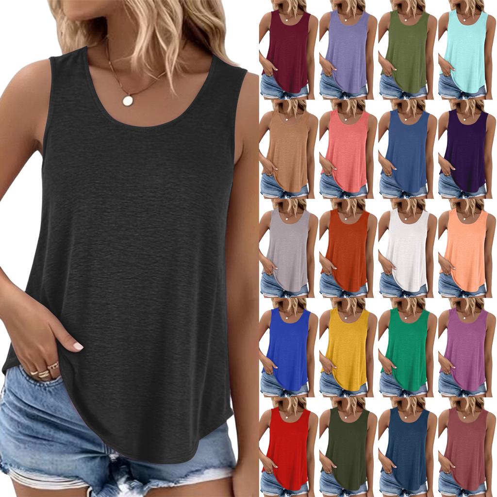 Women Fashion Color T-shirt Round Neck Sleeveless Vest Loose Tank Tops