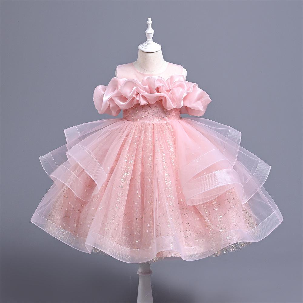 Girls' Formal Flower Girl Princess Dress with Sequined Puffy Skirt - Ideal for Piano Performances