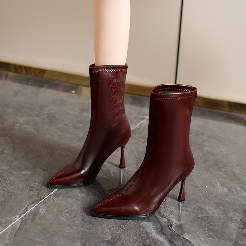 

Женская обувь больших размеров 41-43 французский стиль зарубежный стиль высокий каблук короткие ботинки женские осень и зима передовая мягкая кожа острый носок тонкий каблук th 41 бордовый