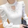 New Early Autumn Splicing Hollow Heavy Beading Slimming Bottoming Slim Long-sleeved Sparkling Top