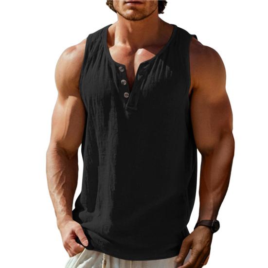 Men Vest Round Neck Buttons Half Placket Sleeveless Muscle Tank Tops Pure Color Loose Fit Summer Casual Camisole