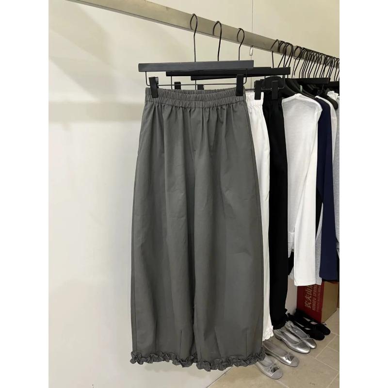 Women Casual Elastic Waist Wide Leg Pants Ruffle Hem Loose Trousers L серый