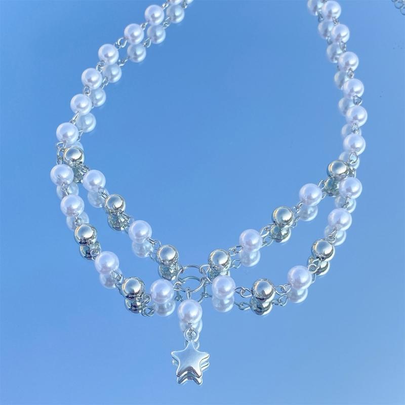 Fashionable Multilayer Star Charm Collar Necklace Adjustable Length Imitation Pearls Clavicle Chain Alloy Jewelry Gift