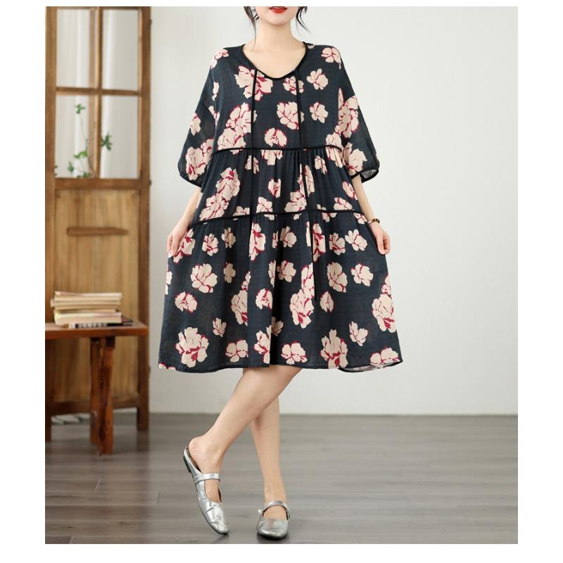 DIMANAF New 2026 Women Plus Size Summer Beach Print Long Dress Sundress Loose Oversize Maxi Lady Floral Cotton Dress