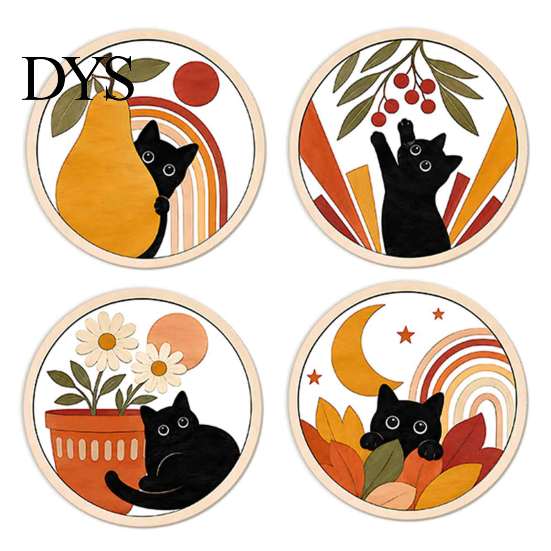 Stackable Coaster Set 4PCS Black Cat Acrylic Coasters, Christmas Festive Tabletop Coffee Table Protection Pads Mats, Non-Slip Rounded Coasters