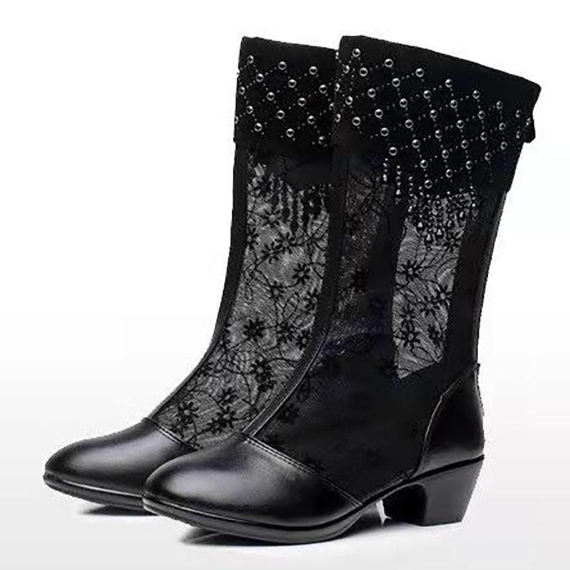 Sexy Lace Mesh Breathable Rhinestone Boots Women's Thick Heel Mid Boots