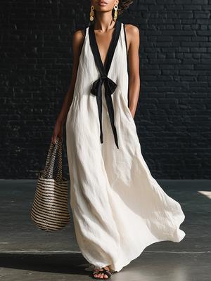 Summer New Elegant Color Block V-Neck Sleeveless Tie-Up Long Dress for Women