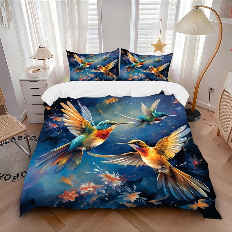 3pcs Whimsical Dance of Hummingbirds Pattern Bedding Three-Piece Set (1 Cover + 2 Pillowcases, No Fillings), This Printed Bedding Set Is Soft and