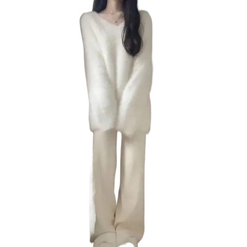 French Chic White Faux Mink V-Neck Sweater Coat - Loose, Thick, and Stylish for Autumn & Winter