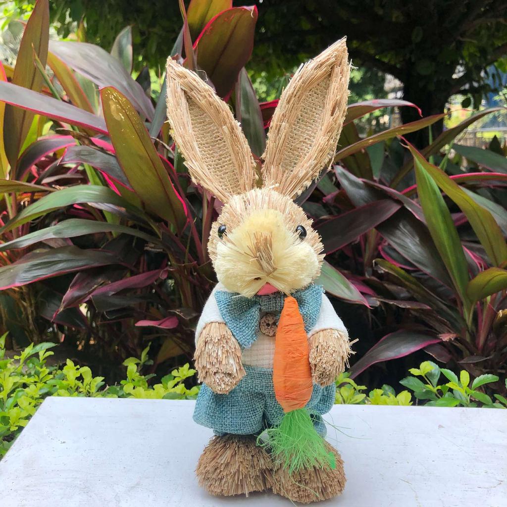 Easter Rabbit Decoration Straw Rabbit Ornament Creative Artificial Bunny Figure 25cm Home Holiday Cute with Flower Wreath