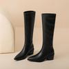 Krazing Pot Cow Skin Microfiber Pointed Toe Thick High Heels Knee Boots Size 46 Size 45 Slip on Plus Size Women Keep Warm Long Boots