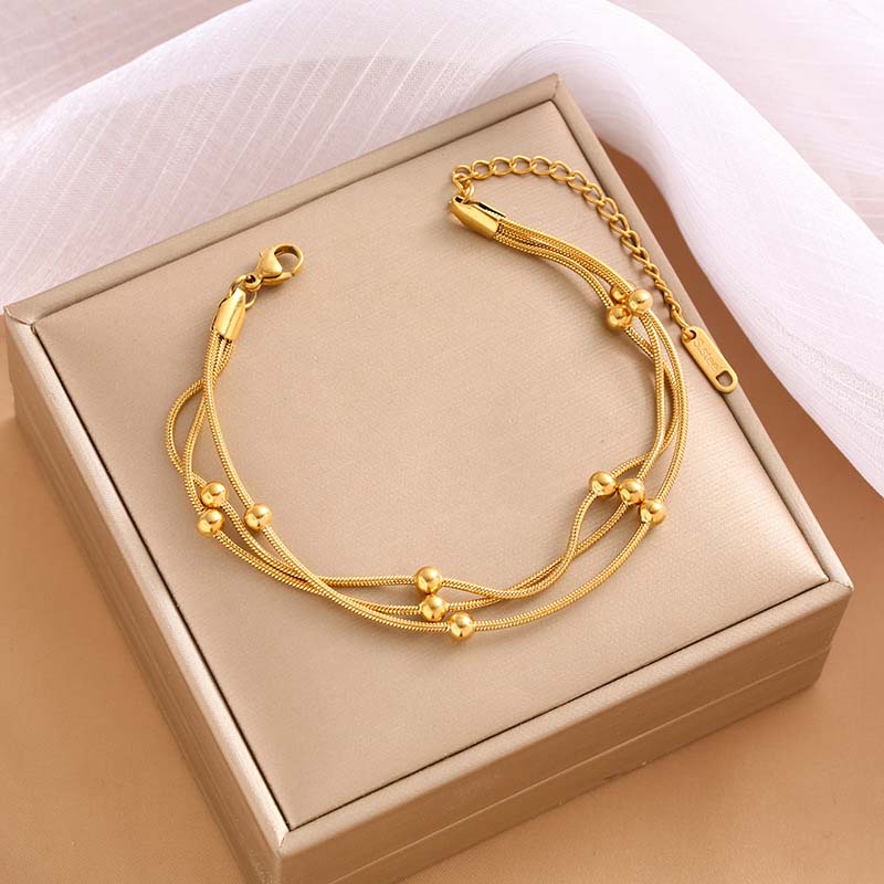 Stainless Steel Metal Round Beaded Bracelets For Women Fashion Gold Color Multilayer Layered Chain Bracelet Wedding Zircon Gift