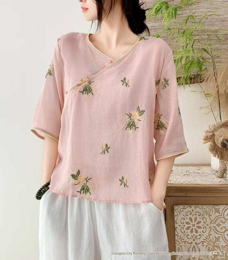 2026 Summer V-Neck Chinese Style Embroidered Ramie Shirt – Artistic Retro Women's Slanted Lapel Short Sleeve Top