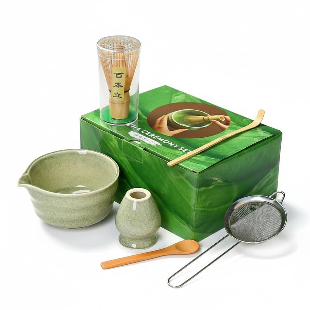 Matcha set 6 pieces chasen (bamboo whisk) hyakuhon-dachi (whisk holder) bowl chashaku (tea scoop) chasen-tate stand) sieve. Includes teacup spout as