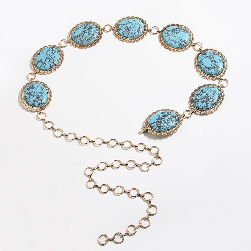 Women's Retro Large Turquoise Heavy Industry Metal Wide Ornate Palace Engraving Round Fashionable Waist Chain