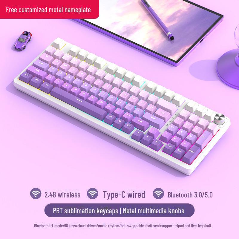 Tastatură mecanică de gaming wireless Bluetooth tri-mode cu 98 de taste și comutatoare personalizabile (Albastru, Negru, Ceai, Roșu) și design cu înlocuire la cald.