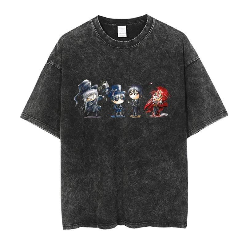 

Japanese hot Anime Black Butler Michaelis Sebastian Washed Tshirt personality Clothes Oversized Unisex Year round clothing soft S