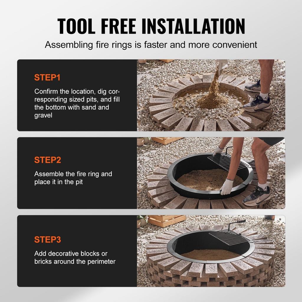 Fire Pit Ring w/ BBQ Fire Ring 40 Inch Outer Steel DIY Campfire Firepit
