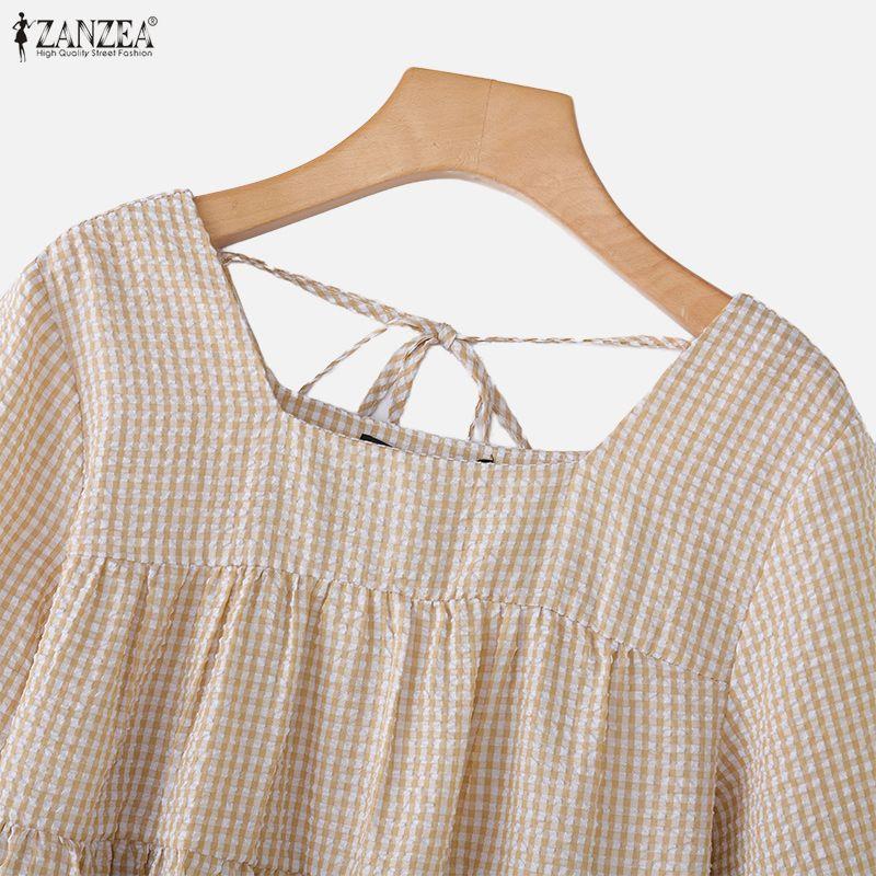ZANZEA Women Casual Square Collar Plaid Print Loose 3/4 Sleeve Blouse