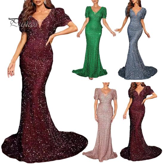Women Evening Dress Shimmering Sequin Short Bubble Sleeves V Neck Slim Fit Floor Length Big Bow At Back Mid Waist Cocktail Party Wedding Banquet Maxi