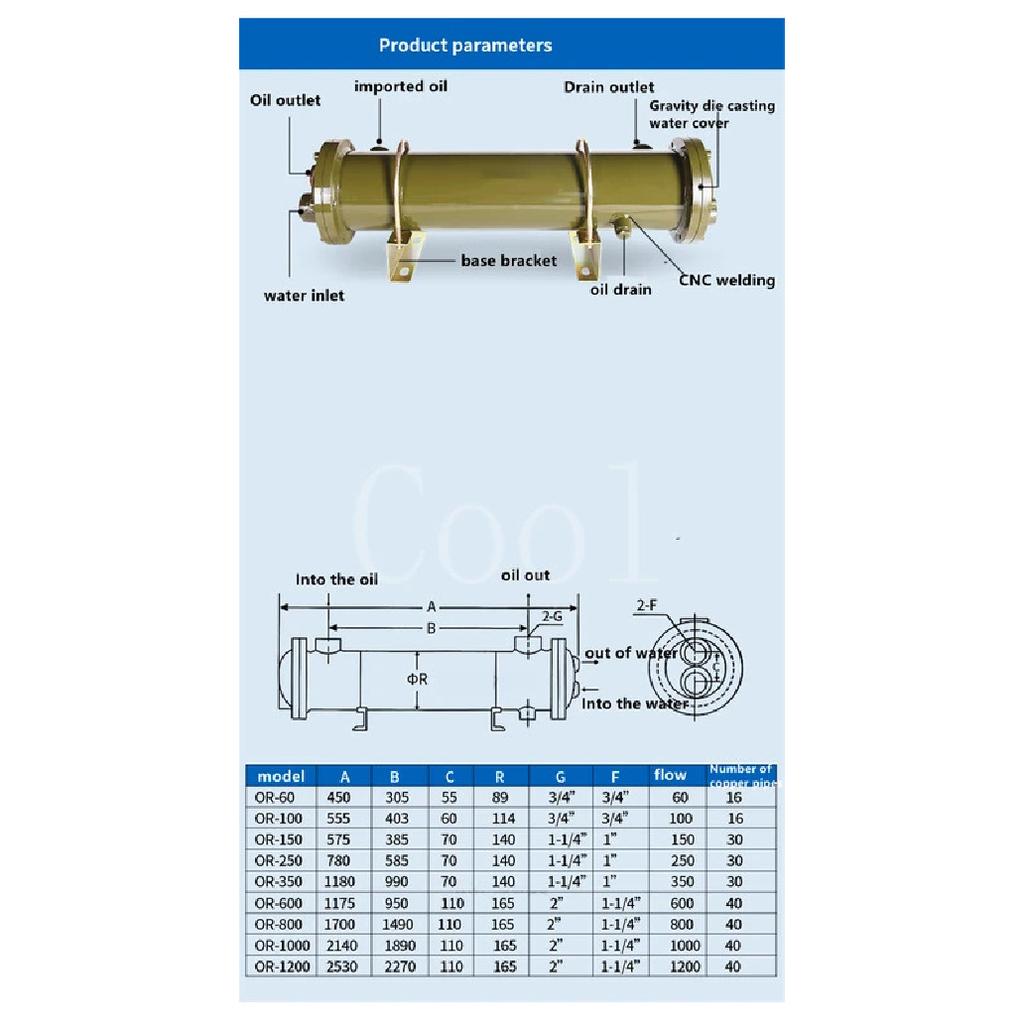 Hydraulic System Water Cooler Oil Cooler OR-100 Tube Radiator Purple Tube Shell Heat Exchanger